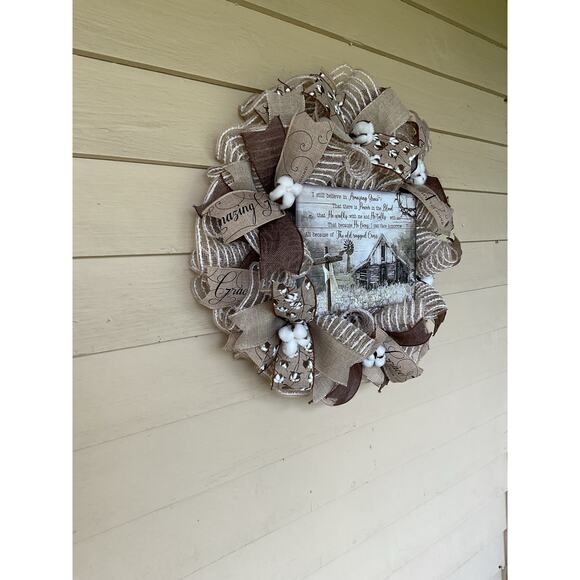 Farmhouse Religious Wreath – Neutral Amazing Grace Old Rugged Cross Decor - Picture 5 of 5